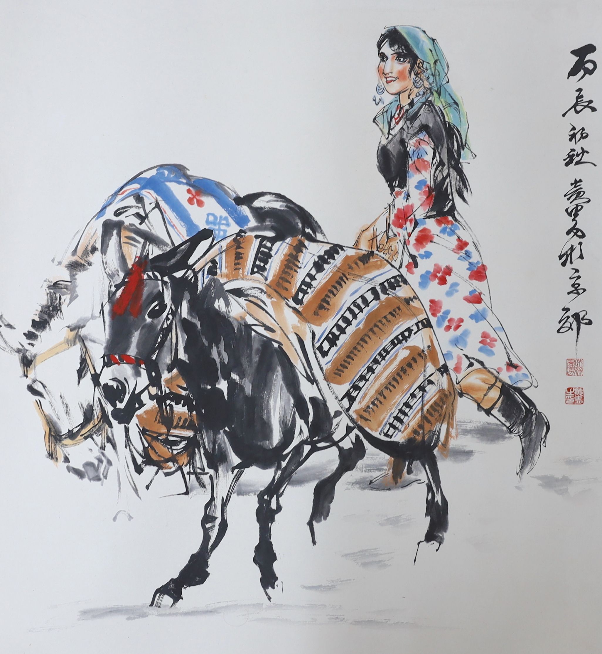 Chinese School, ink and watercolour, Woman and pack mules, signed, 69 x 69cm, unframed